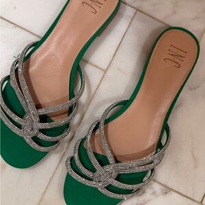 INC Green Slip-On Sandals with Crystal Straps